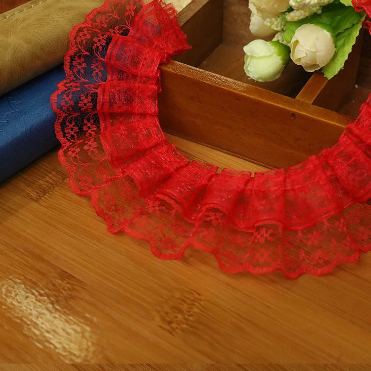 ruban dentelle fine rose clair rouge bleu clair vintage romantique fronces polyester 4.5cm