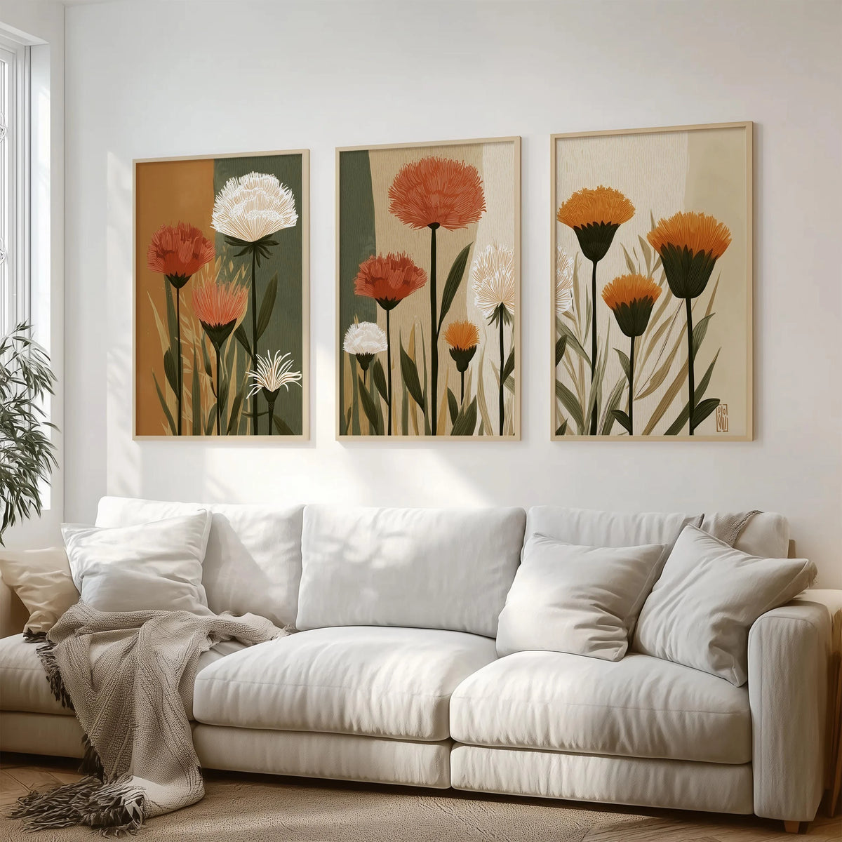 tableau moderne minimaliste fleurs stylisées feuilles verte beige blanc orange rouge vert clair