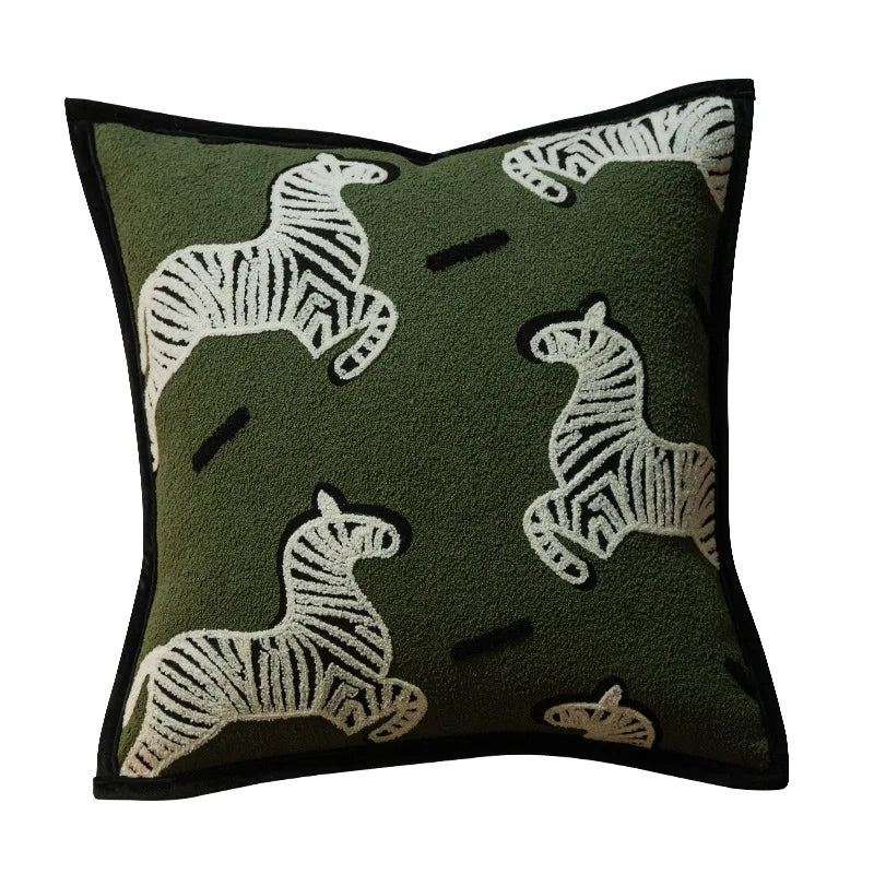housses coussins brodés zèbres modernes vert foncés polyester coton carrés lit voiture décoratives simples
