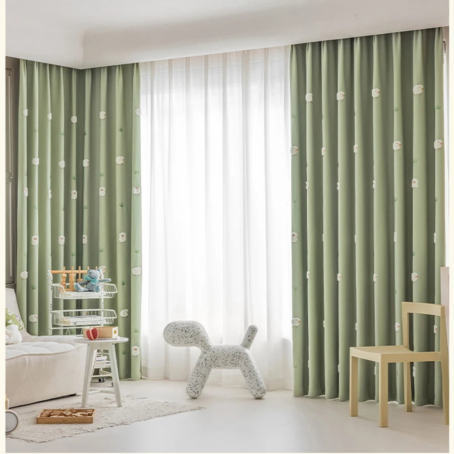 rideau vert clair brodé mouton herbe cartoon enfant chambre opaqueextérieur simple