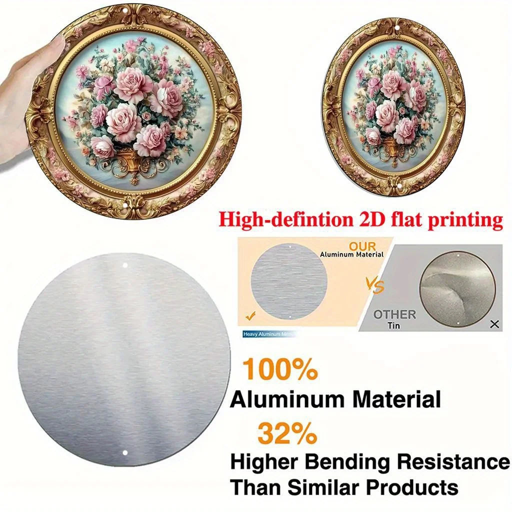 plaque murale fleurs roses blanches fond bleu cadre doré motif floral classique baroque 20cm