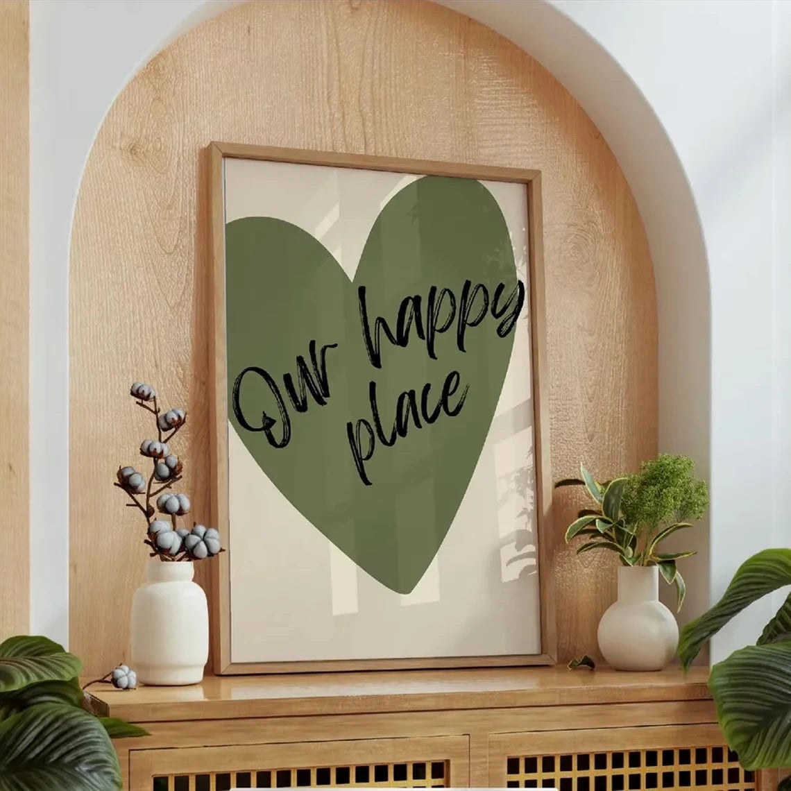 affiche verte coeur minimaliste moderne chambre salon décoration mur vert olive texte happy place