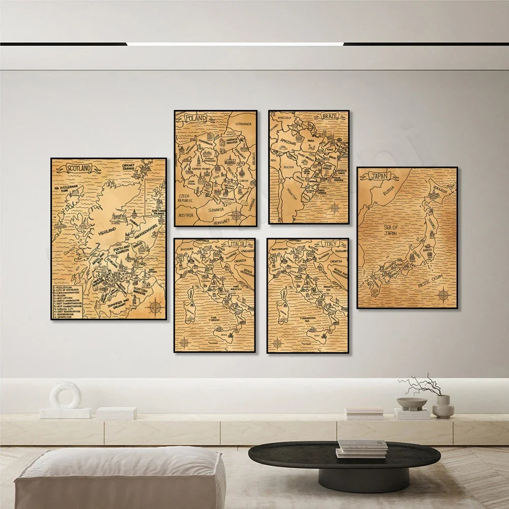 Une collection de cartes murales vintage représentant différentes régions du monde, notamment l'Écosse, la Pologne, le Brésil, le Japon et l'Italie, dans un style rustique sur fond clair.