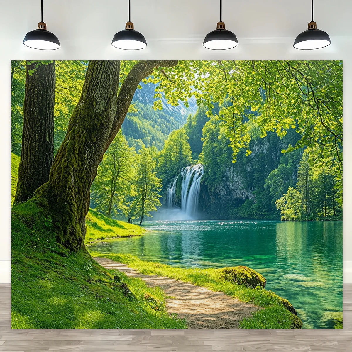 toile d'art paysage naturel cascade forêt vert printemps anniversaire mariage décoration événement opaque réaliste
