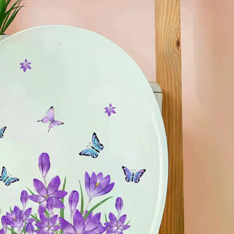 sticker mural papillon fleur violet herbe verte adhésif décoration maison salle bain salon chambre