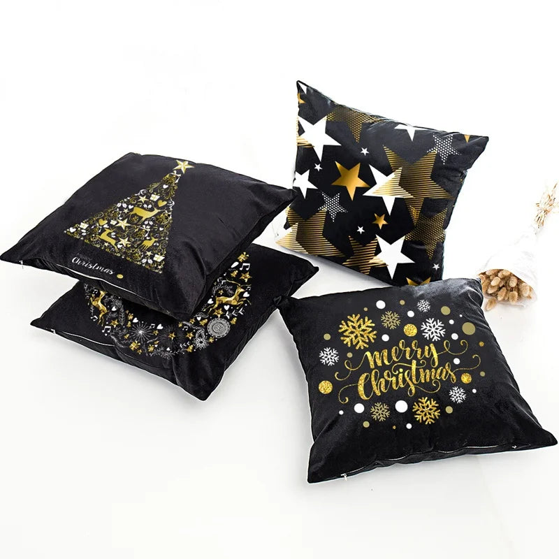housse coussin noël motifs cerfs flocons étoiles or noir festive decoration fixations