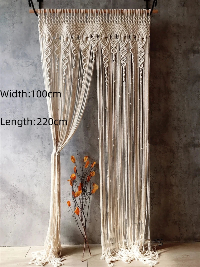 rideau macramé blanc crème motifs géométriques franges boho chic crochet métallique