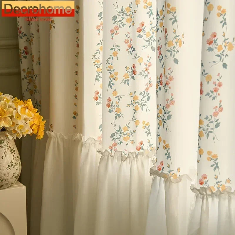 rideaux vintage fleurs blanc rouge jaune vert translucides pliés polyester salon chambre