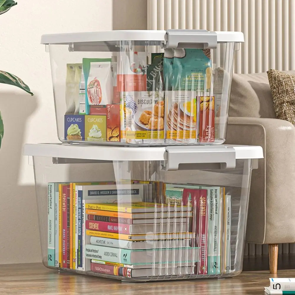 boîtes rangement transparentes plastique moderne poignées gris clair empilables organisation maison jardin