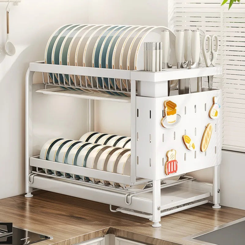 étagère vaisselle double couche blanc moderne assiettes cuillères couteaux porte couteaux rangement cuisine