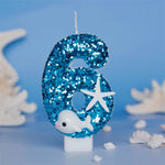 bougies forme chiffre bleu paillette motif marin dauphin étoile mer anniversaire cire paraffine