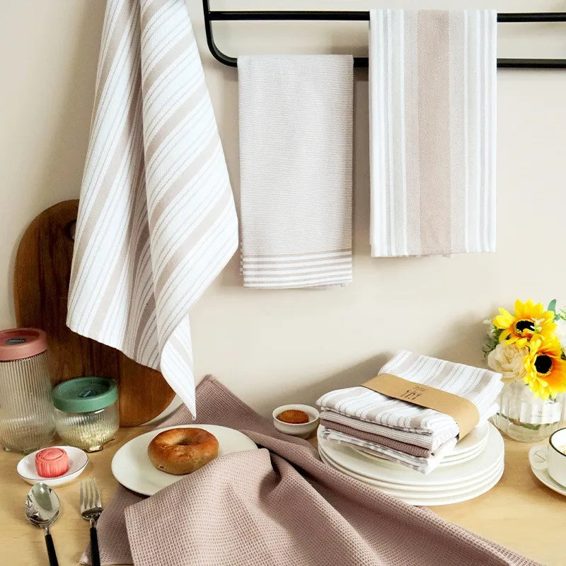 serviettes cuisine rouge vert blanc beige noir rayures horizontales absorption coton rapide moderne pack