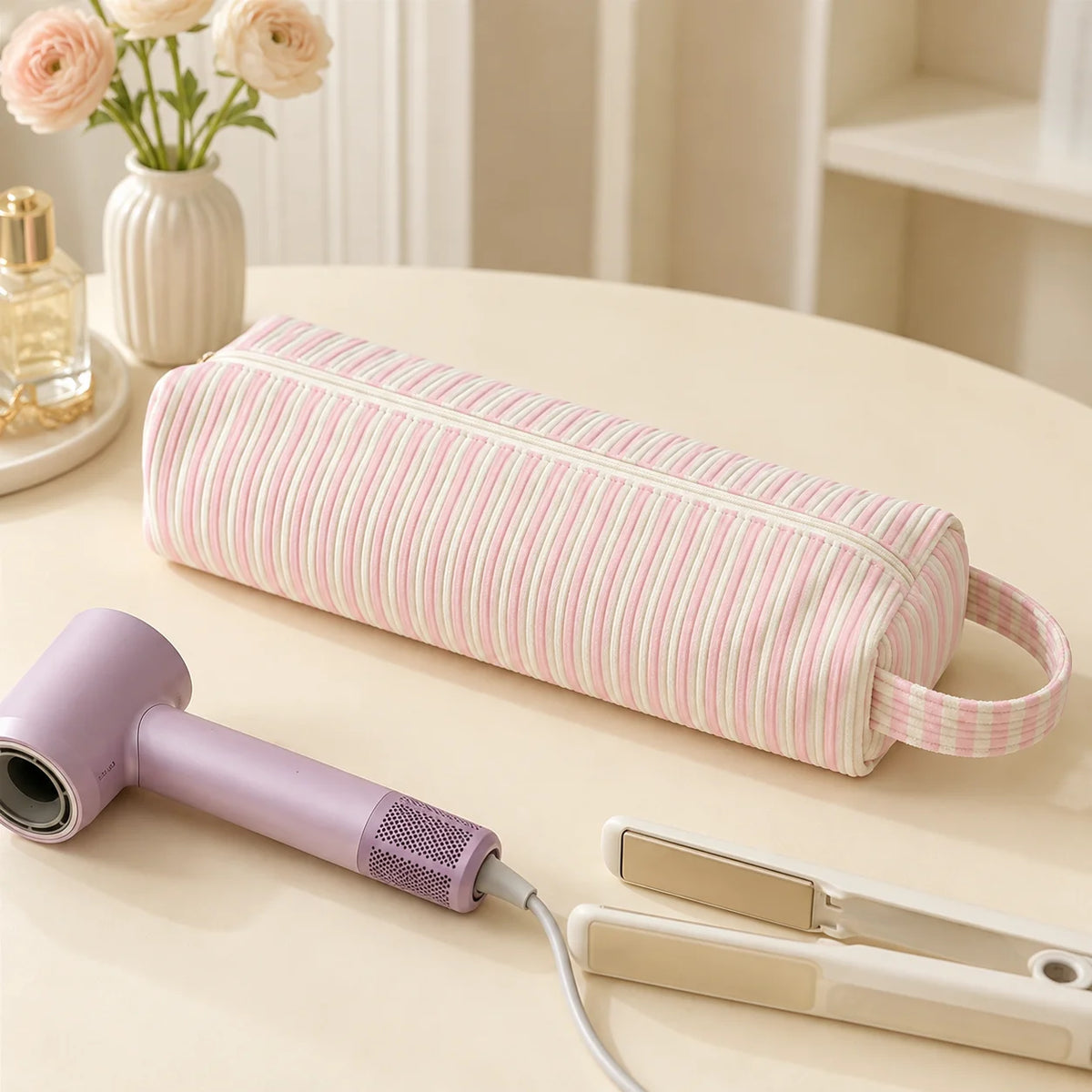 sac rangement outils coiffure rose rayures horizontales moderne voyage étanche velours côtelé doux brosse