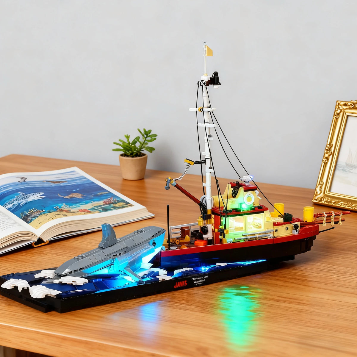 lampe led maquette bateau pêche sous marin rouge blanche bleue détaillée hublots antennes métallique