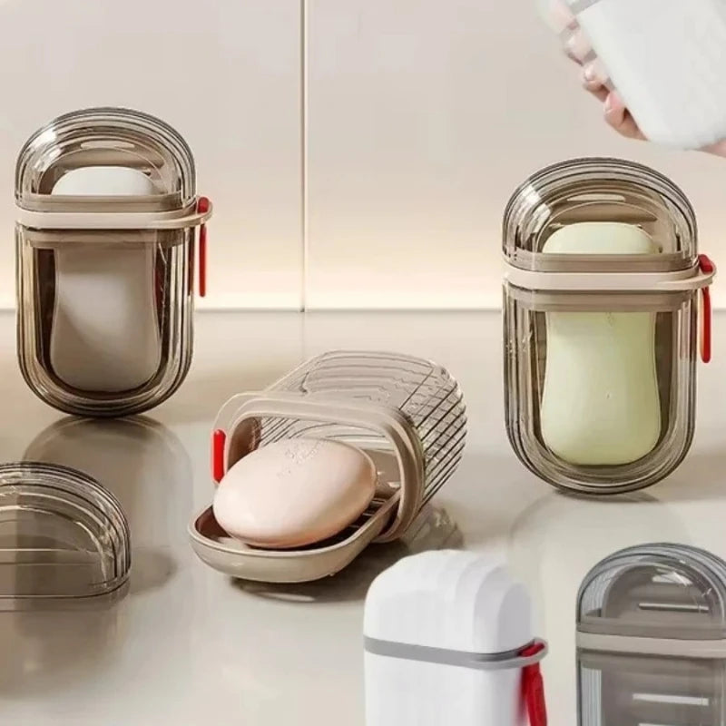 boîte savon moderne transparente rayures horizontales poignée rouge savon voyage bain étanche plastique