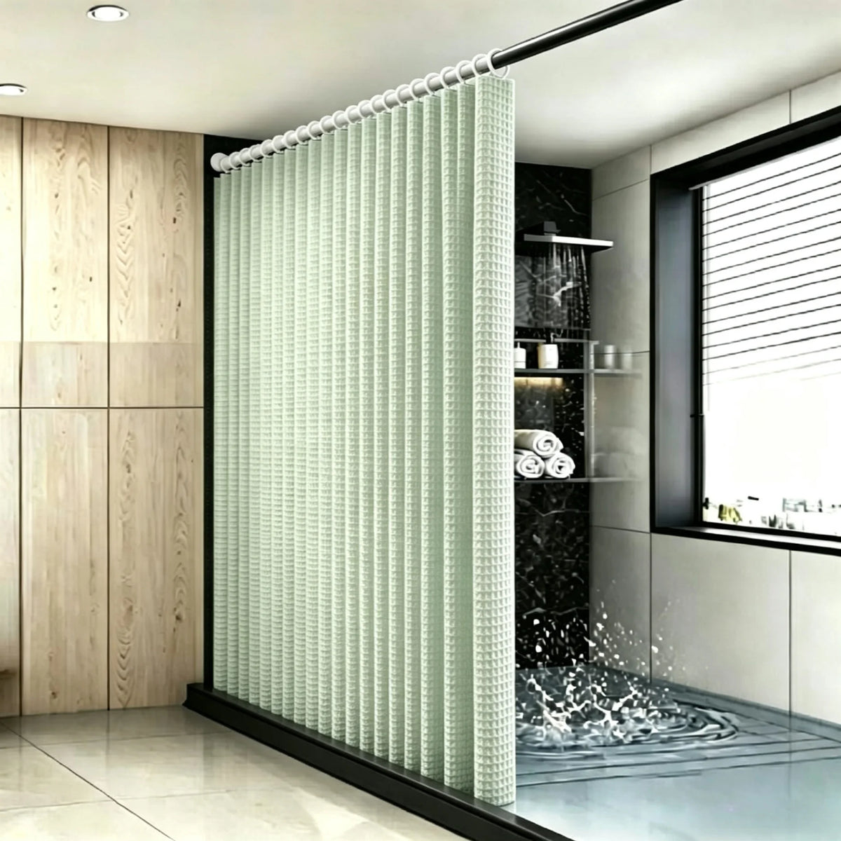 rideau douche blanc moderne polyester gaufre triangles relief opaquant eyelets respectueux environnement