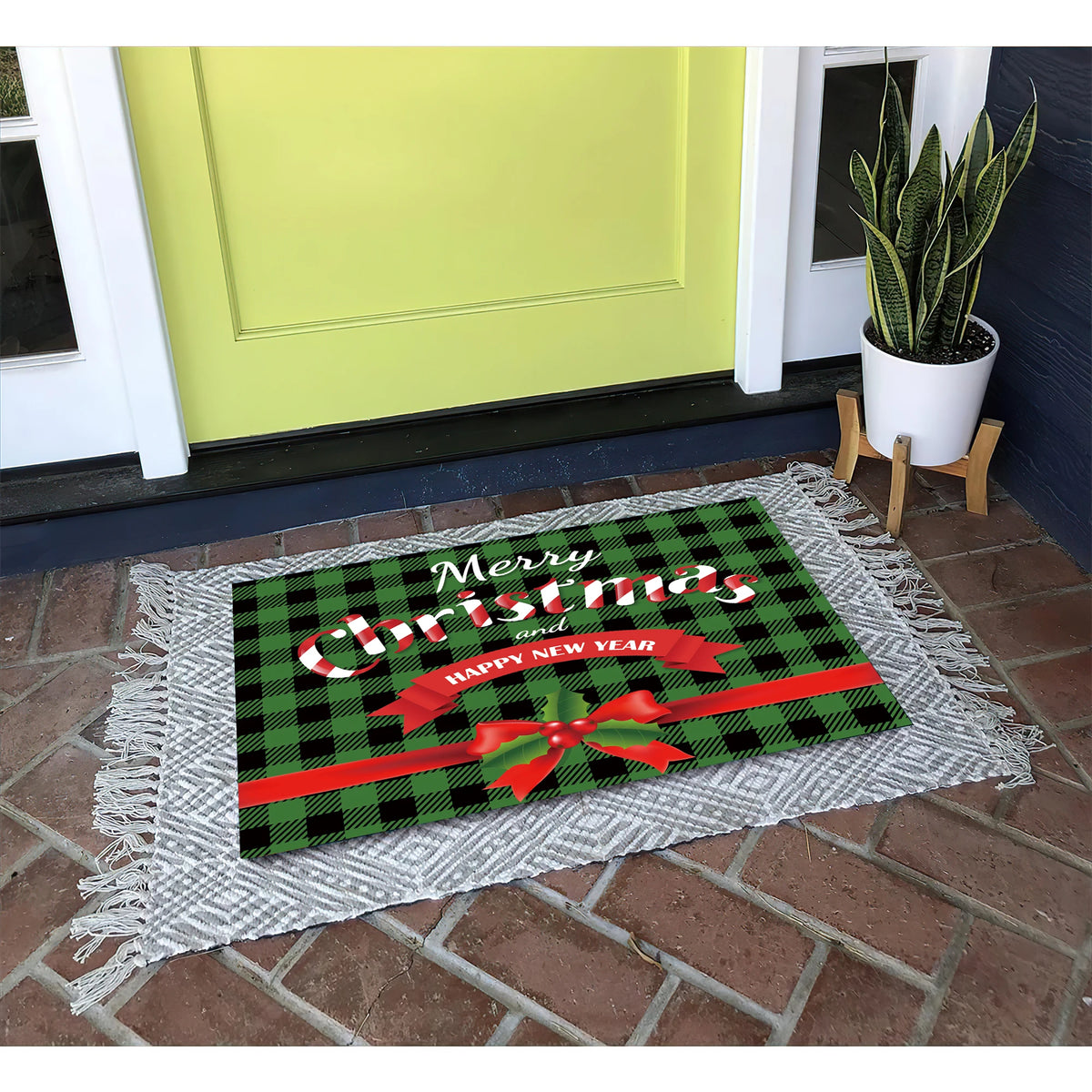 tapis sol antidérapant caoutchouc carreaux vert noir ruban rouge festif entrée garage bain extérieur