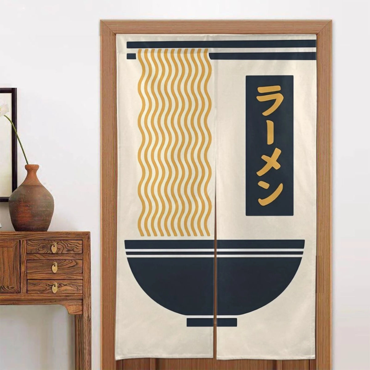 rideau moderne japonais rayures dorées texte ramen noir cuisine chambre