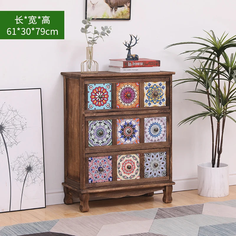 commode vintage rustique tiroirs floraux bois foncé organisateur chambre coucher bois massif