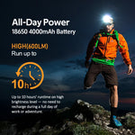 lampe frontale rechargeable led noir orange camping randonnée lumière chaude rayures horizontales bandeau ajustable