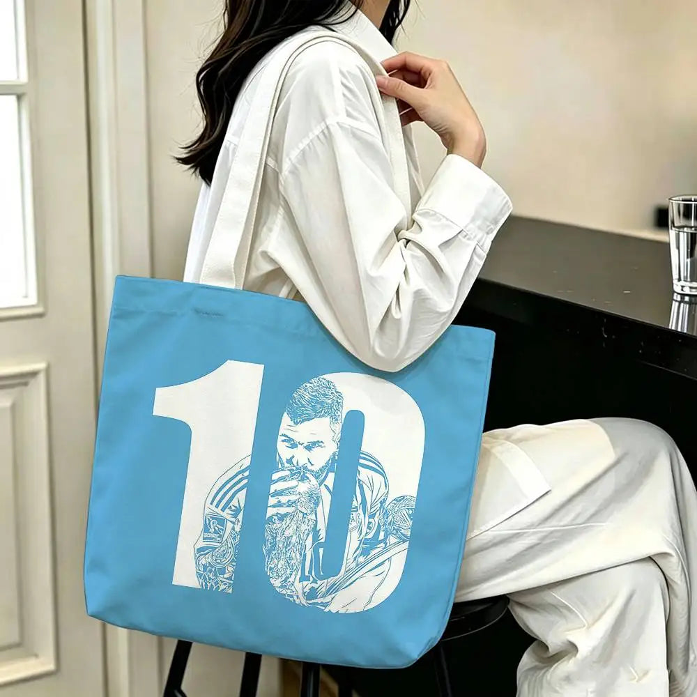 sac main blanc bleu clair rayures messi 10 polyestère réutilisable moderne graphique poignées détachables