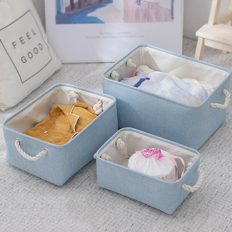 boîtes rangement lin bleu clair rose pâle vert pastel poignées corde respectueux environnement moderne
