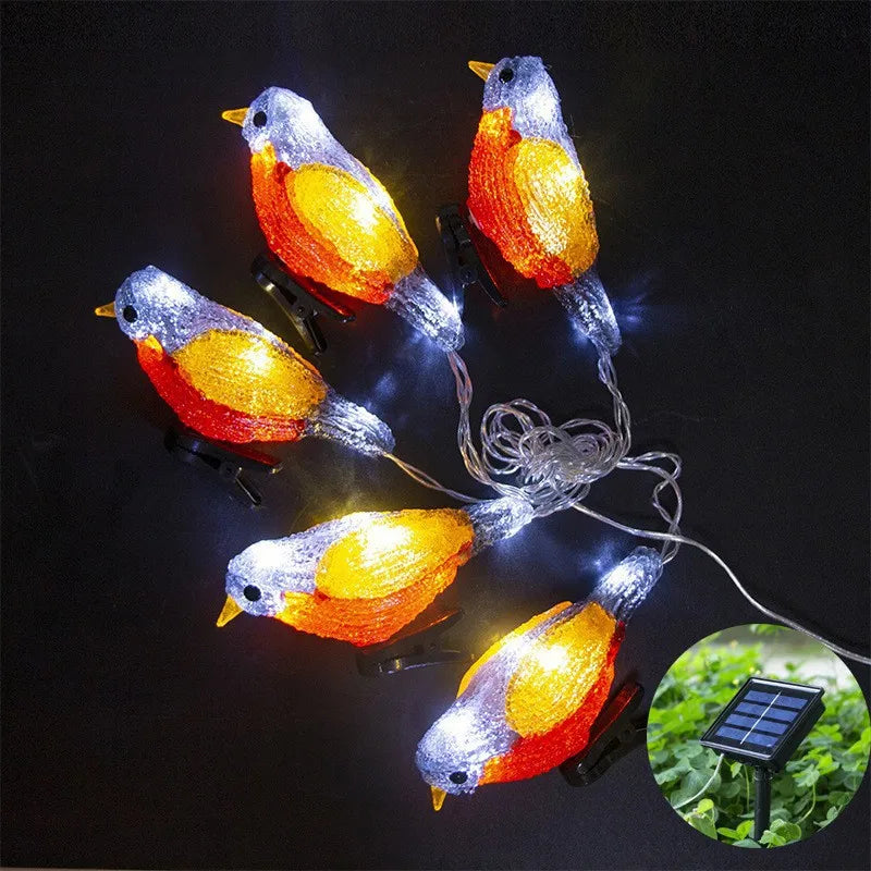 guirlande oiseaux bleu doré lumineuse clips solaire usb led jardin festive