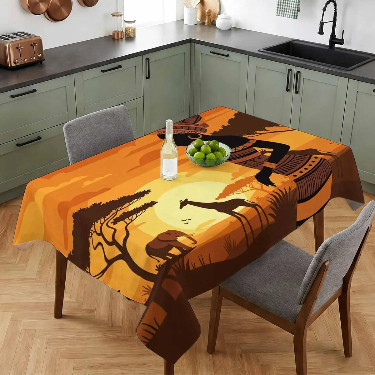 nappe table moderne africaine animaux éléphants paysage coucher soleil orange marron beige festiveextérieur