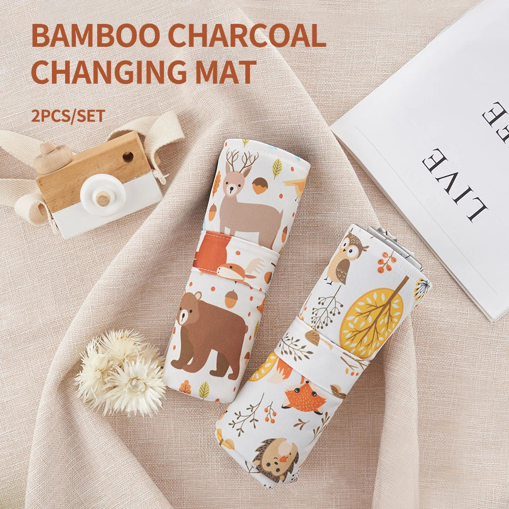 tapis changement bébé imprimé animaux blanc gris orange bleu moderne clips imperméable absorbant bambou