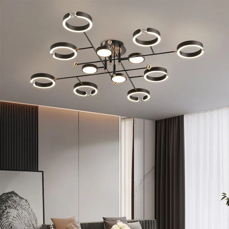 lampe suspendue moderne dorée noire anneaux circulaires luminaire salon chambre luxe