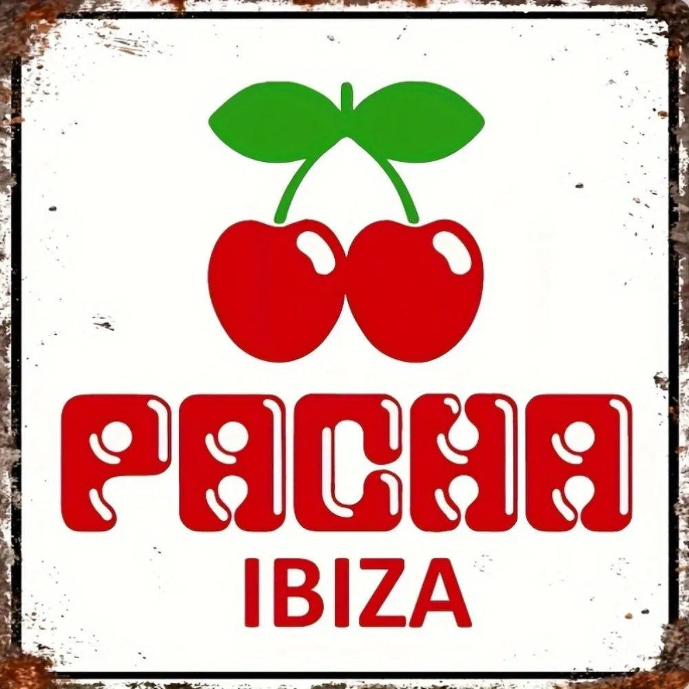 plaque métallique rouge pacha ibiza cerises stylisées art mural vintage pop décoration murale opaquement