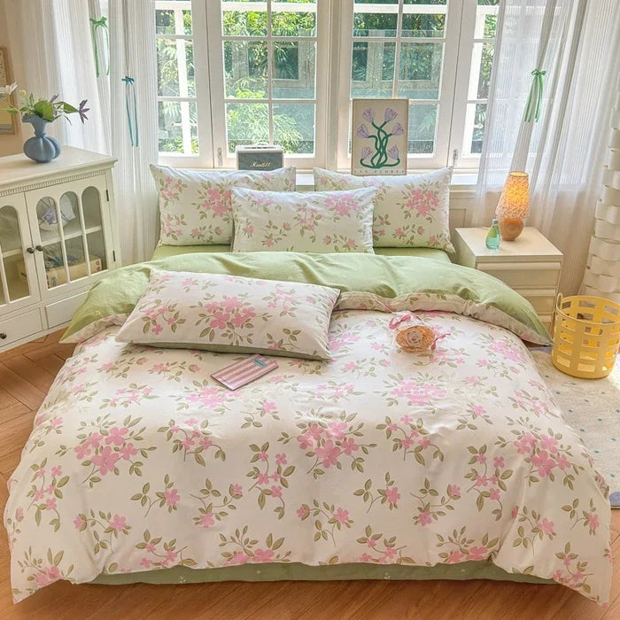 ensemble literie floral vintage 100 coton blanc rose vert bleu beige