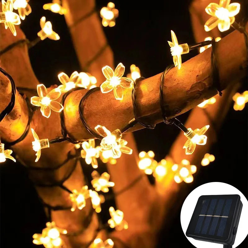 guirlande lumineuse solaire bleu clair fleurs stylisées moderne extérieure décoration fêtes led autonomes