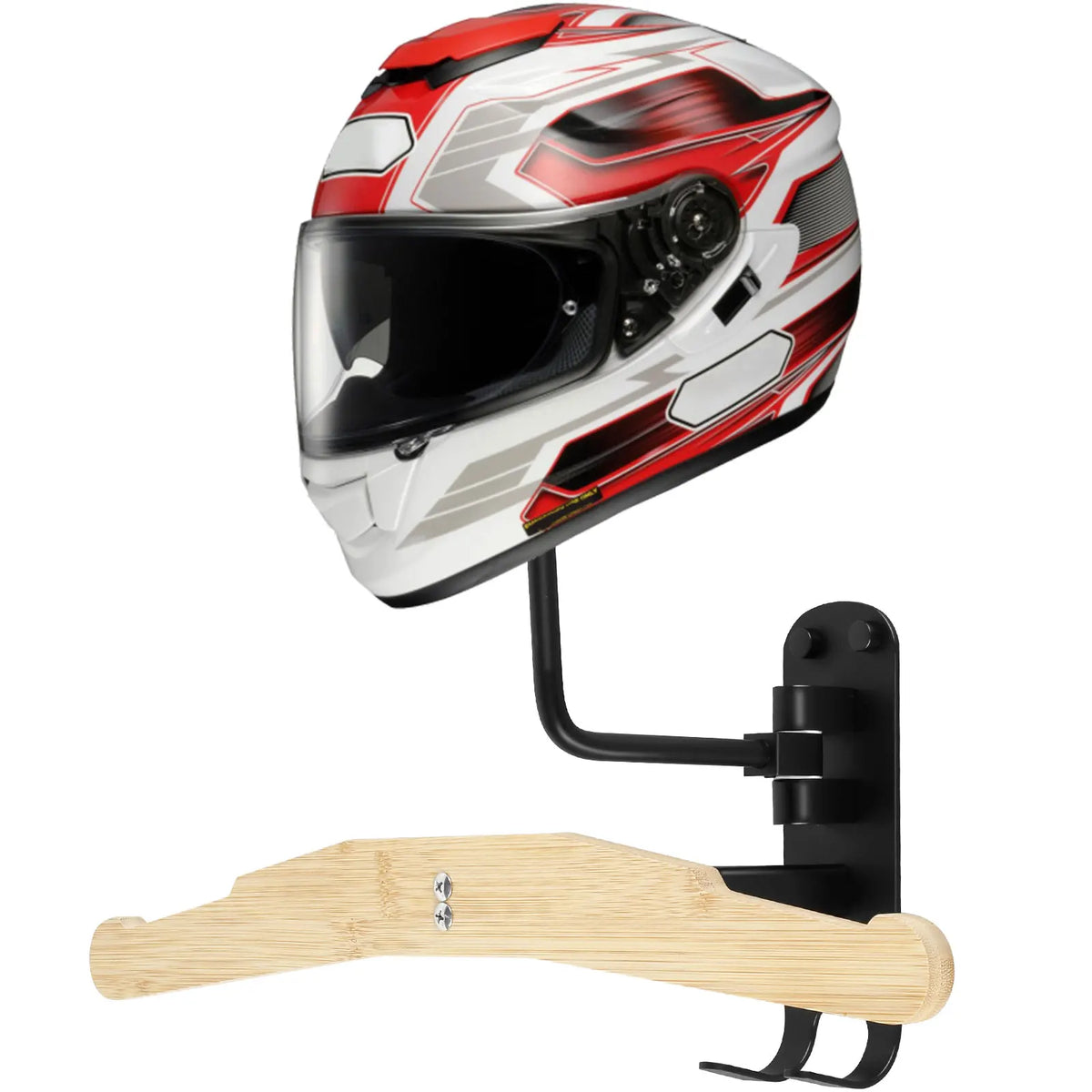 support rangement rotatif casque moto moderne vis écrous noir texture bois