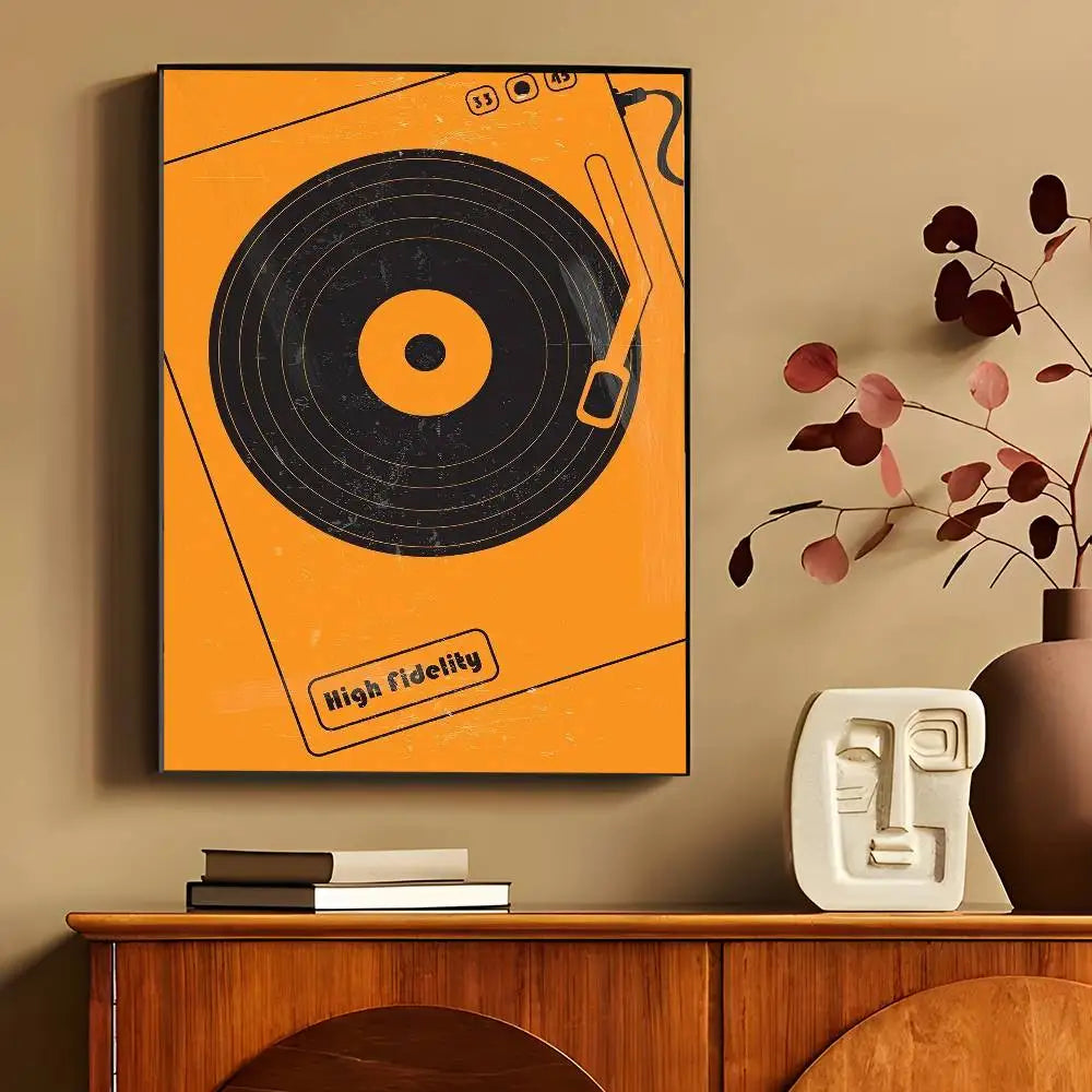 affiches murales vintage rétro disques vinyle illustration cassette audio chambre décoration noire orangée