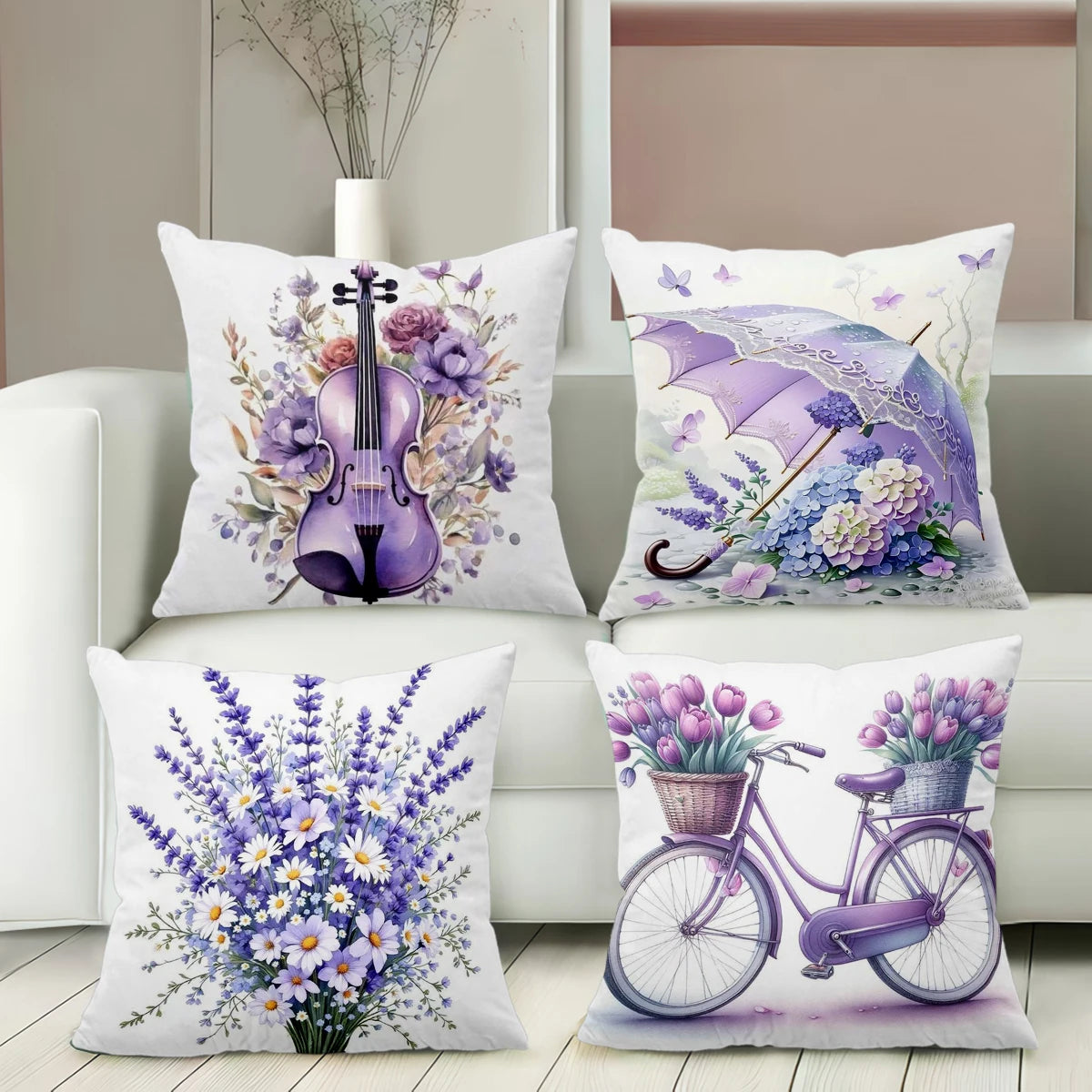 coussin violet fleurs tulipes lavande marguerites 45cm 45cm décoration intérieure sofa chambrehôtel illustration française
