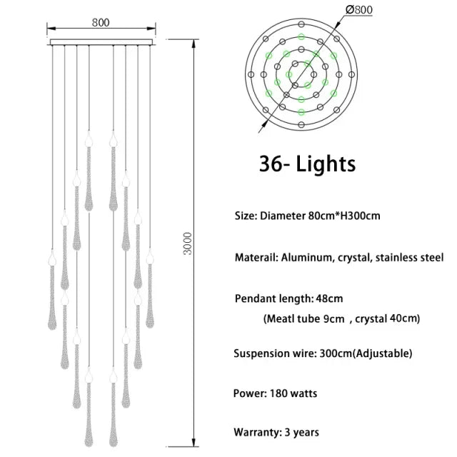 suspension lumineuse or gouttelettes contemporaine 18 lumières spiral transparent élégante