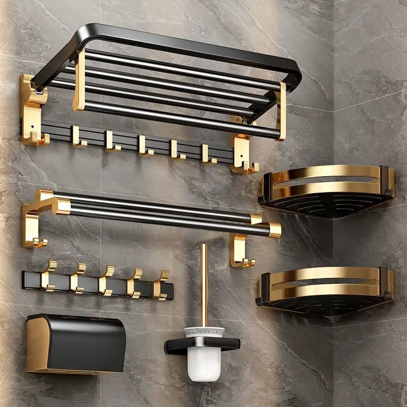 porte serviettes moderne salle bain aluminium noir or étagère angle porte papier brosses dents