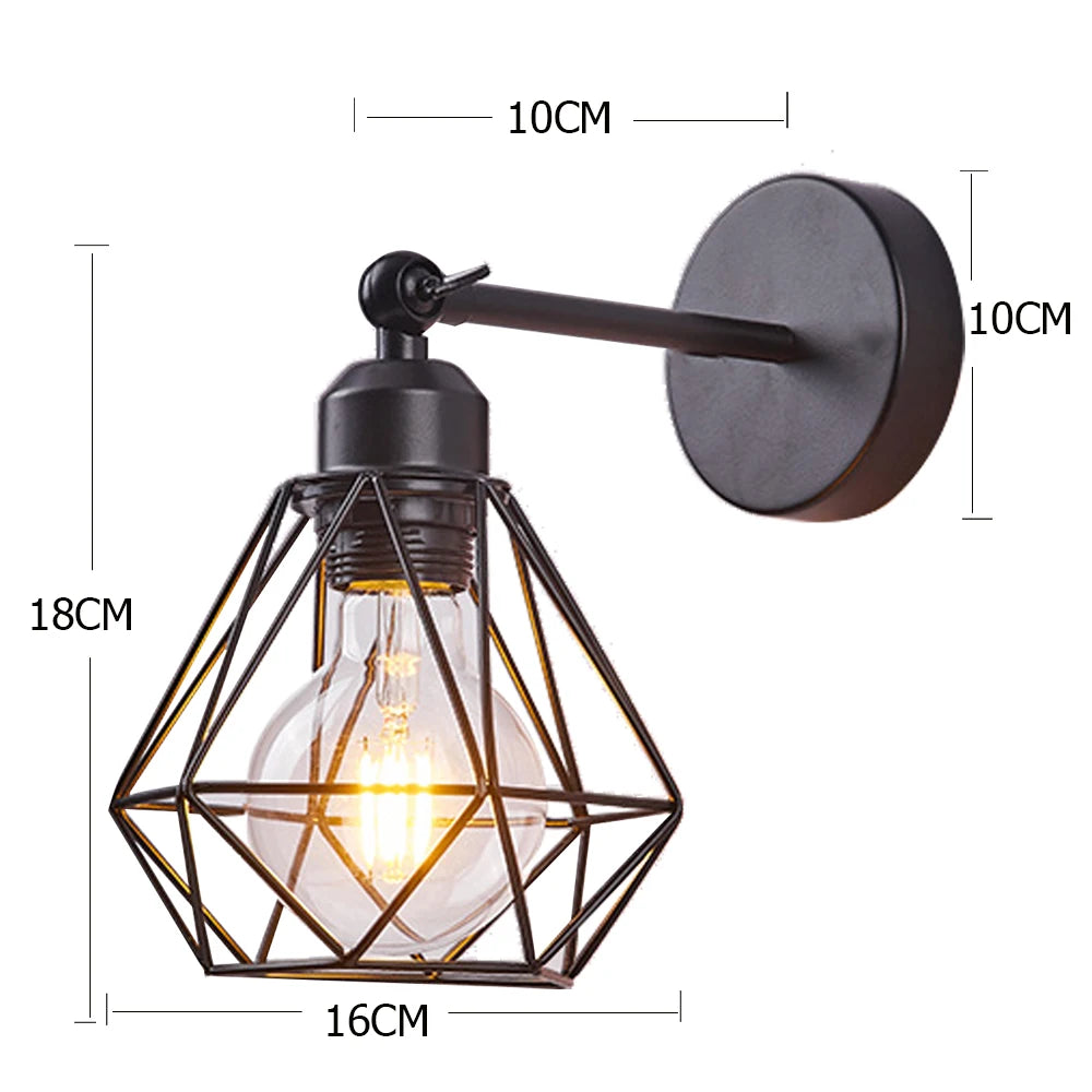lampe murale industrielle cage métal noir ampoule filament corde éclairage chambre salon étude salle