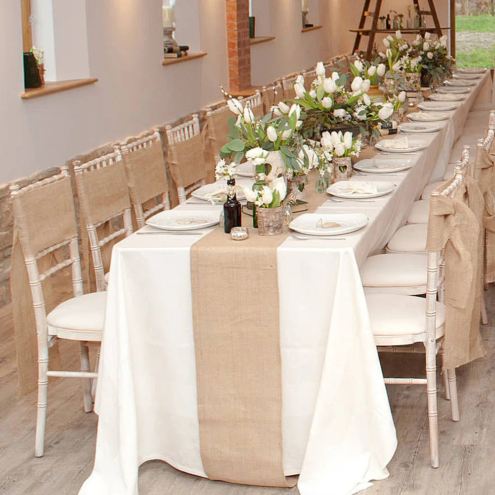 chemin table rustique jute marron clair mariage anniversaire noel décor festiftouches bleu vert liens
