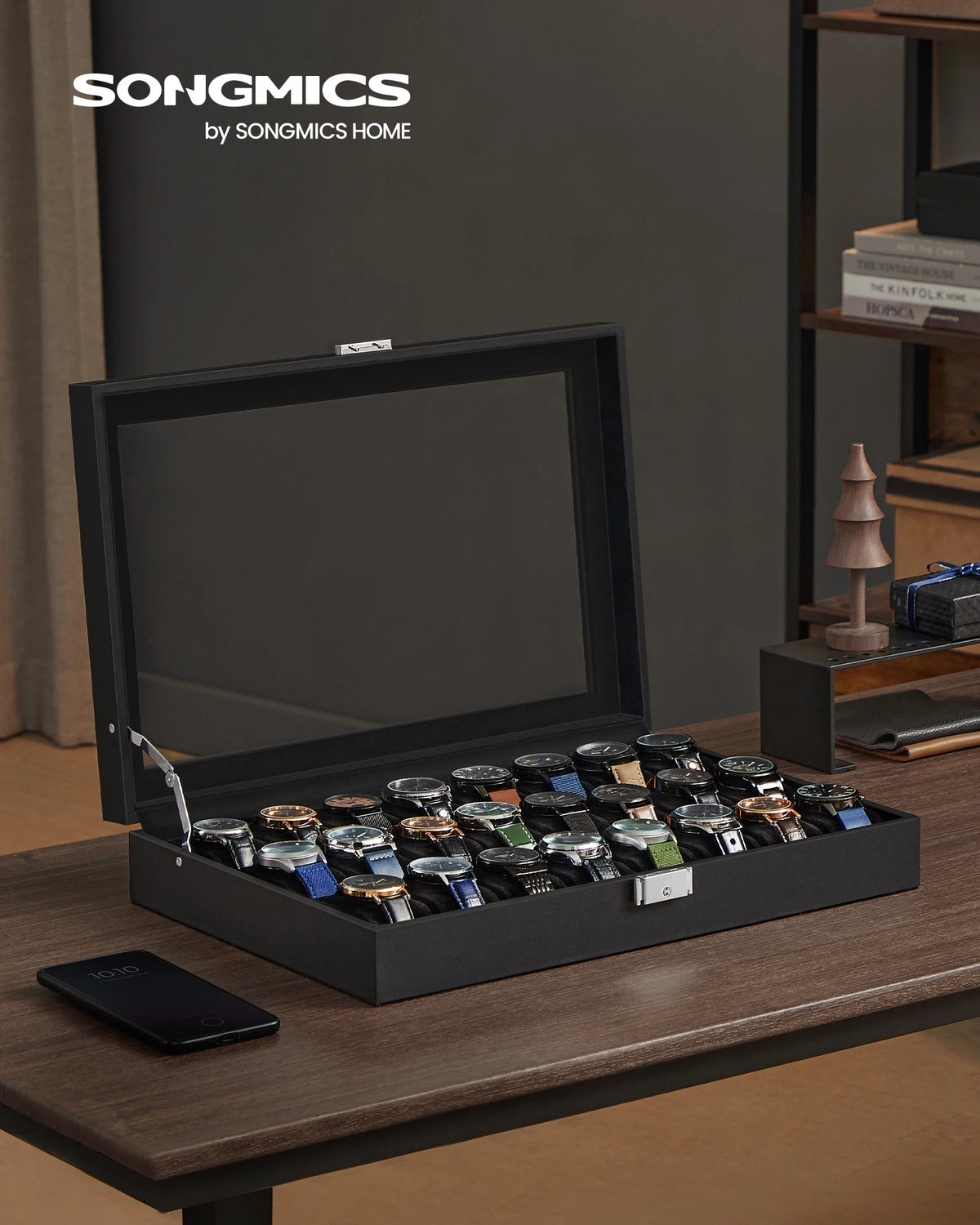 Boîte de rangement pour montres 24 emplacements couleur noir avec couvercle en verre