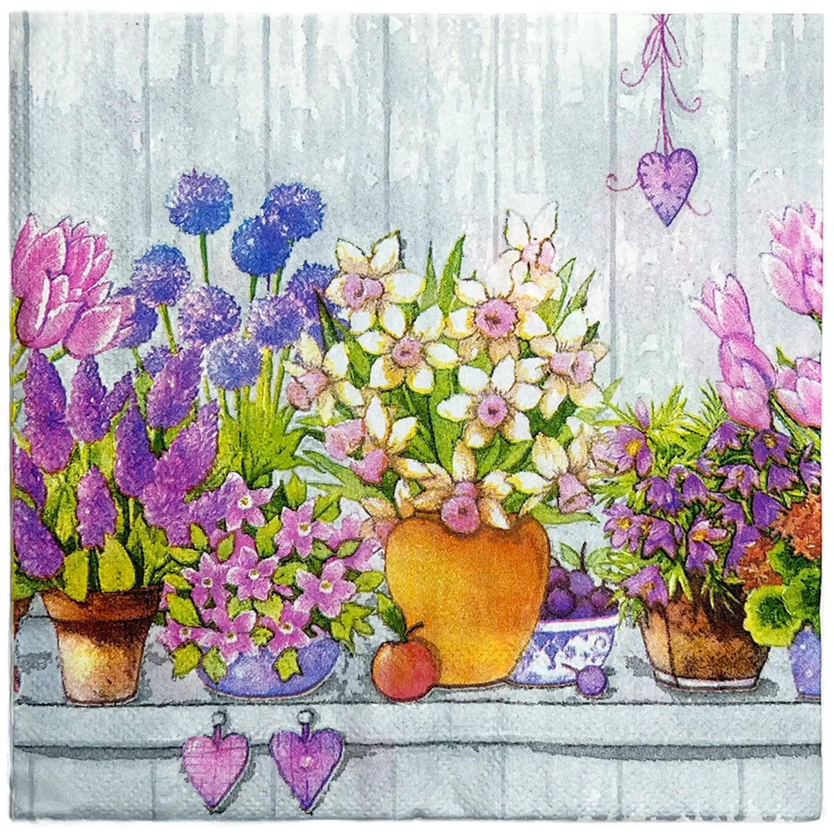 serviettes papier serviettes florales motif fleurs pots arrière plan bois rose violet bleu jaune