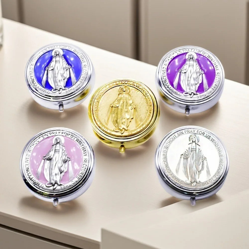 miroir compact argenté bleu doré violet rose religieux classique vierge marie texte