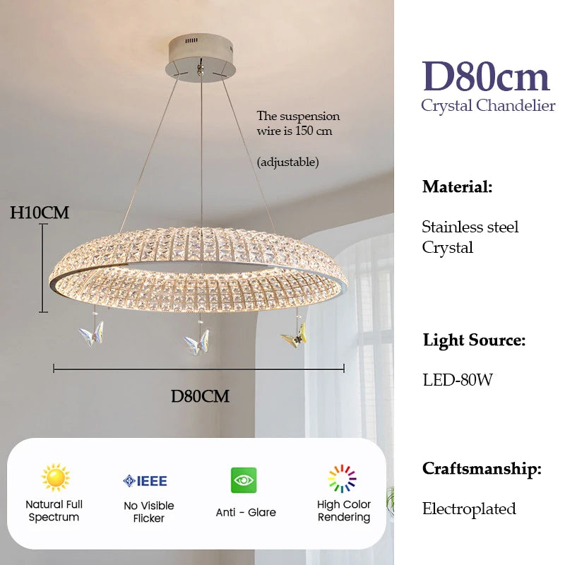 suspension lumineuse moderne cristal facettes papillons argentés interrupteur tactile 80cm diamètre
