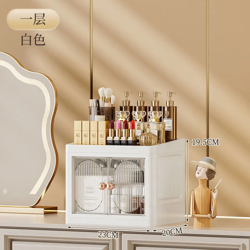 boîte rangement cosmétiques porte opaque moderne poignées dorées compartiments multiples élégante organisation produits soins
