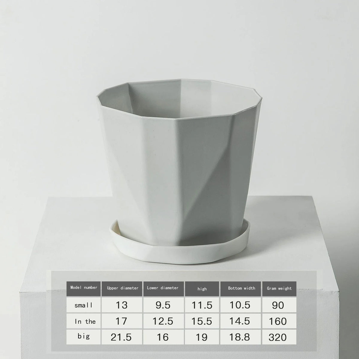 Pots fleurs modernes pots plastique facettes géométriques gris blanc plateau amovibleintérieurextérieur