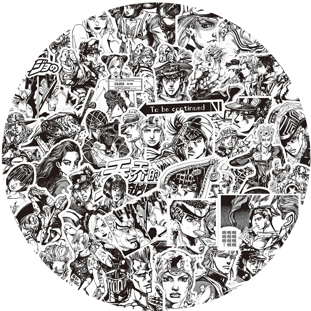 sticker manga personnages noir blanc jojo bizarre adventure josuke kujo jotaro continue logo