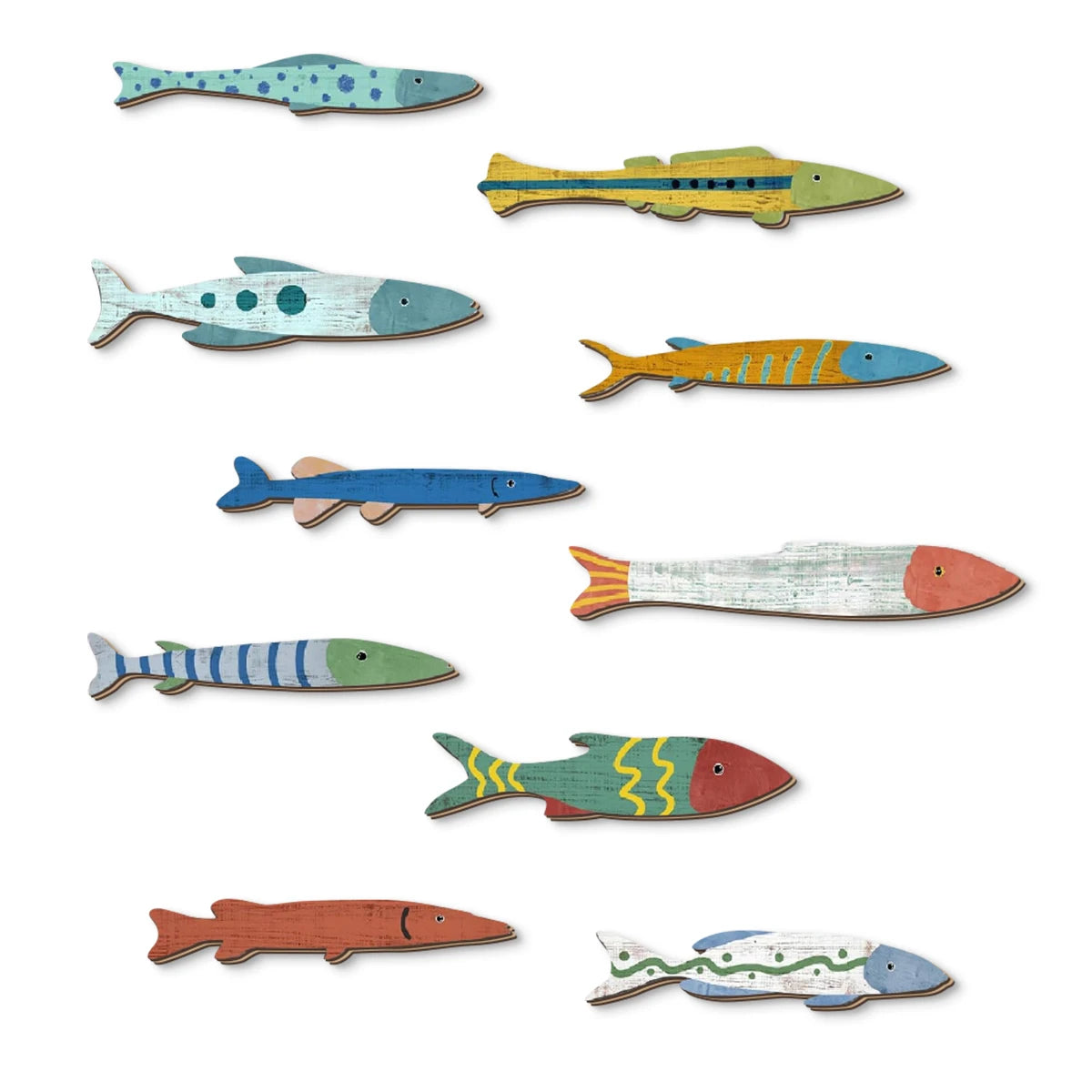 décorations murales poissons bois colorées marin rustique vintage éclaboussures océan charme maison thuyền gỗ