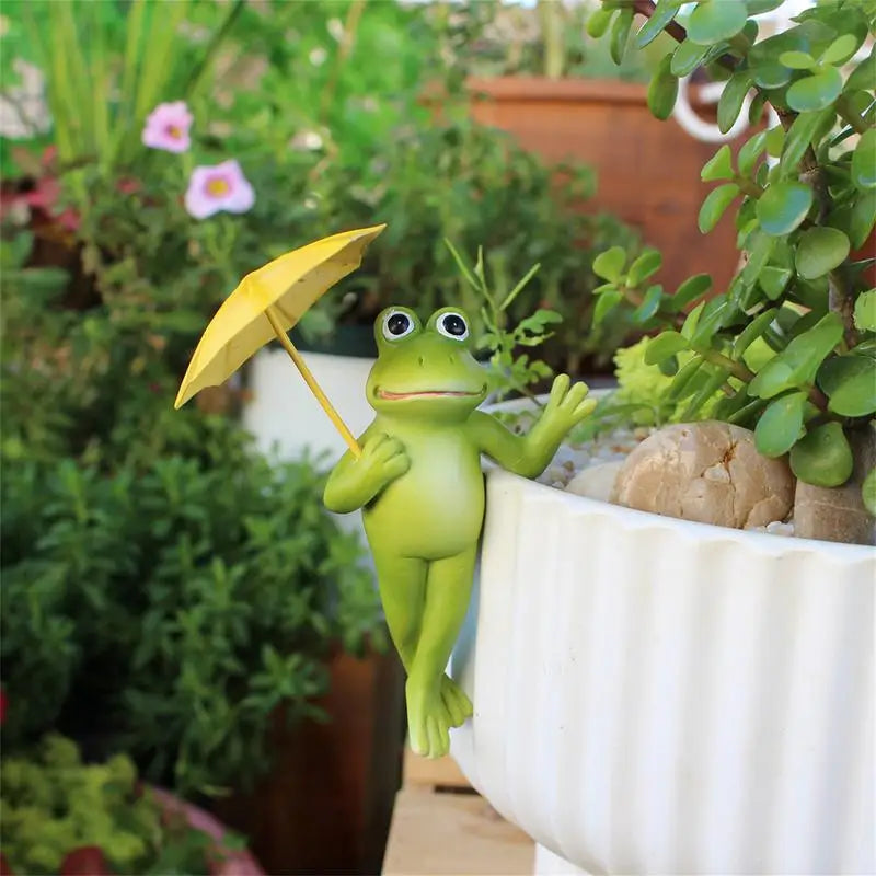 figurines grenouilles parapluies pots fleurs décoration jardin extérieur verte rouge jaune