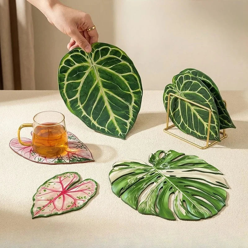 coasters feuilles tropicales vert rose blanc moderne respectueux environnement 12cm